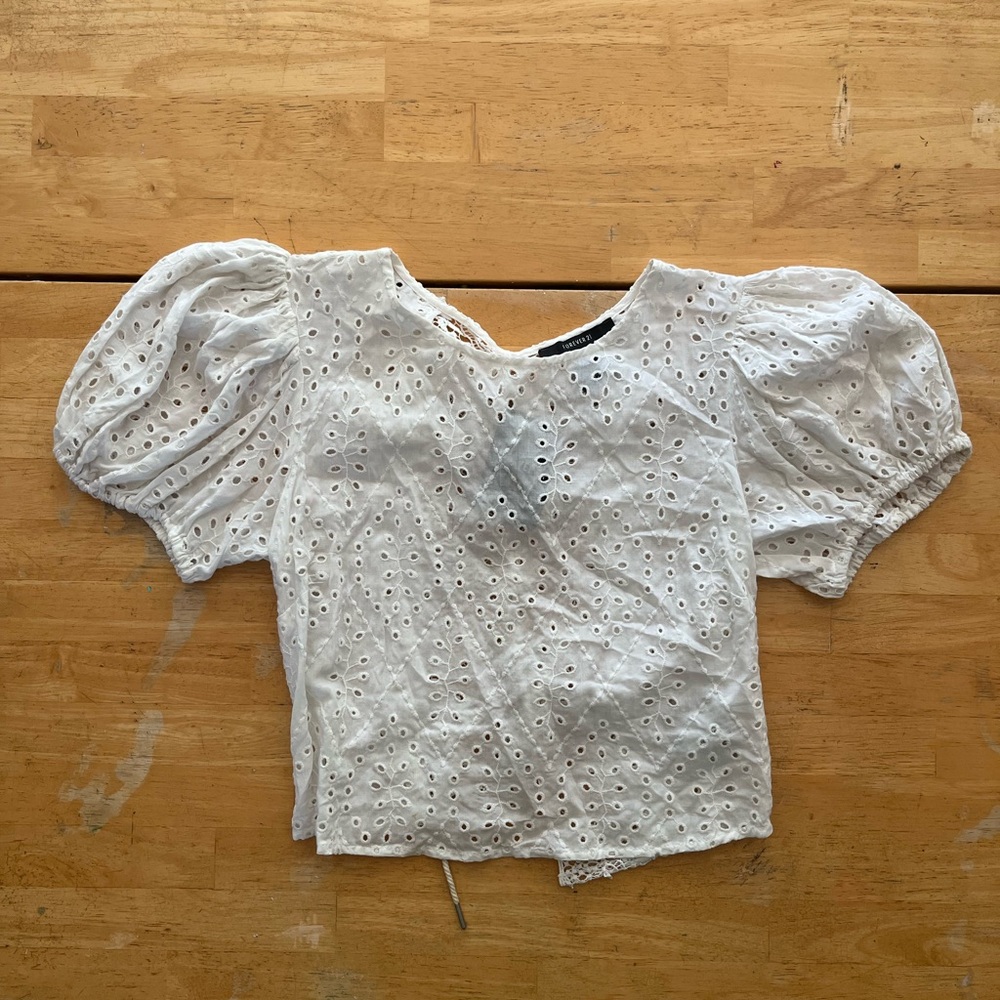 Forever 21 White Eyelet Blouse with Puff Sleeves